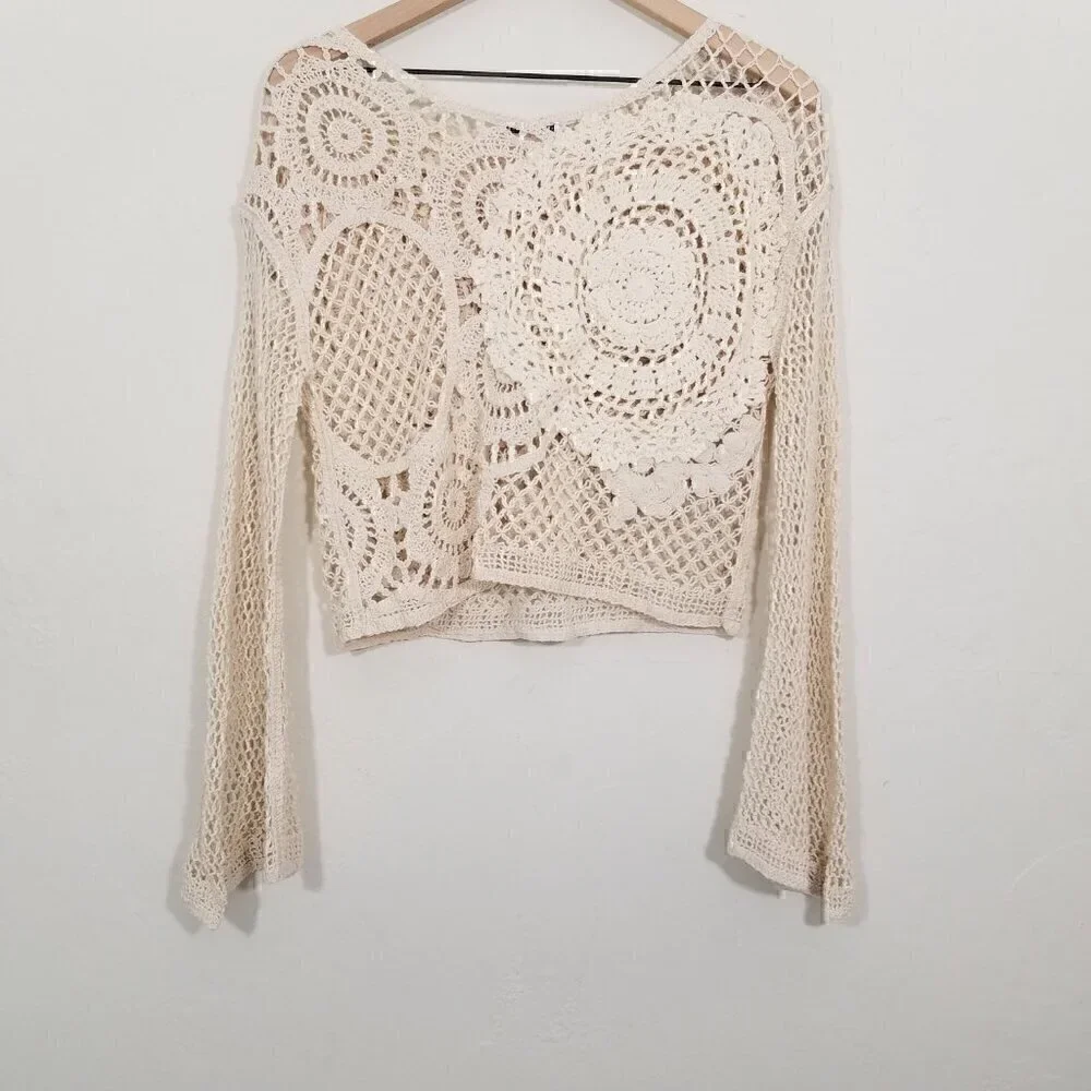 Zara Crochet Long Sleeve Cropped Top Cream Size S - Picture 4 of 6